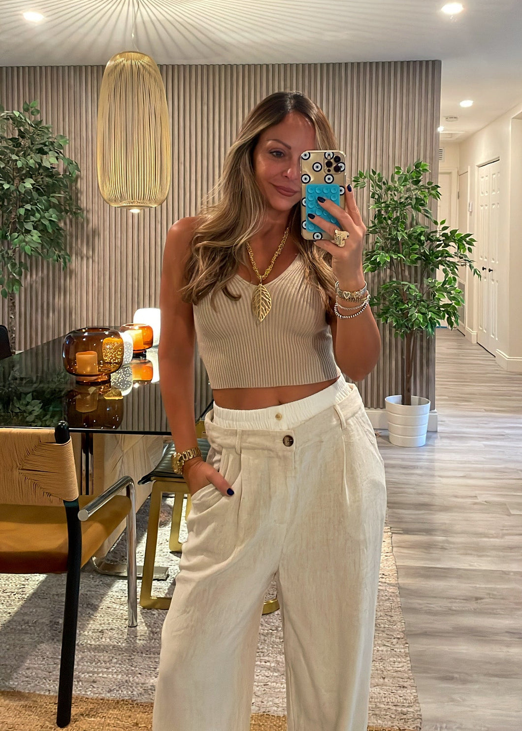 Linen double waist pants