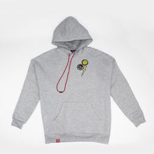 Load image into Gallery viewer, This new happy face grey hoodie offers a casual, relaxed fit for everyday wear.  Oversized fit. Raw seams at shoulders and pocket. Oversized kangaroo pocked.  52% Airlume combed and ring-spun cotton, 48% poly fleece.   
